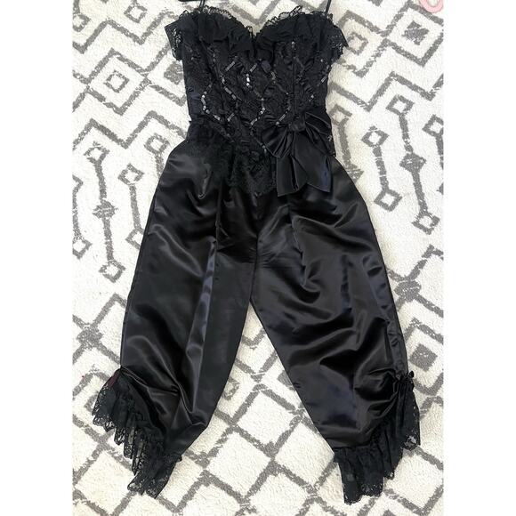 LORALIE Vintage 1980’s Black Satin Lace Strapless Corset Bloomers Pantaloons - Picture 10 of 16